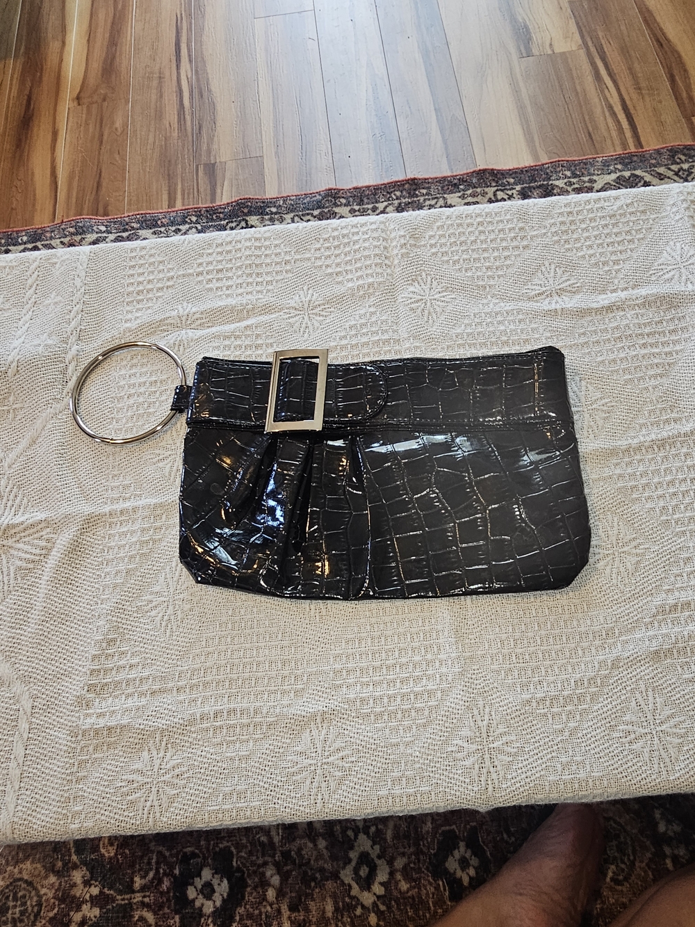 Black Croc-Embossed Patent Wristlet Clutch